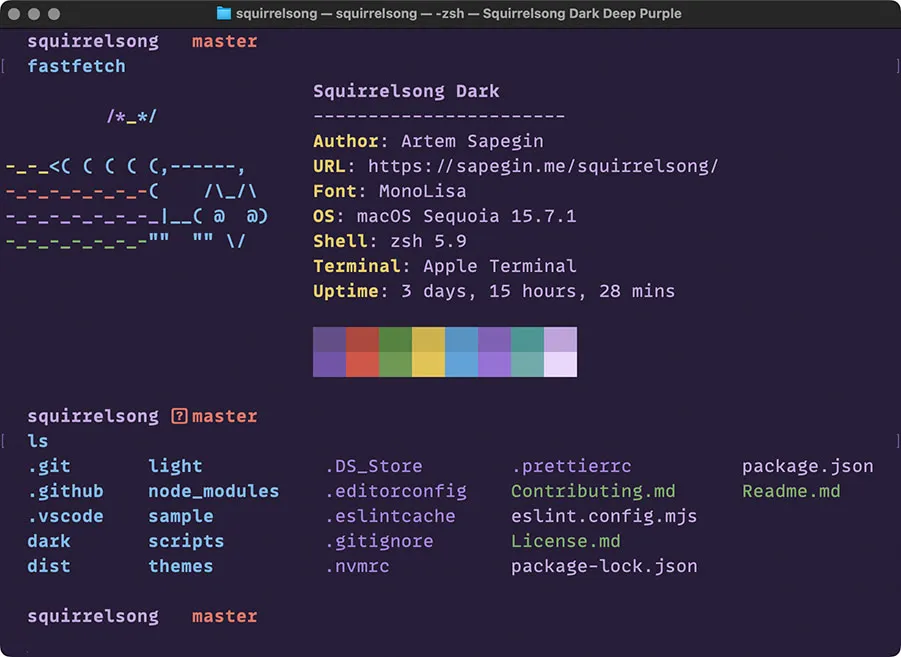 Squirrelsong Dark Deep Purple theme for Terminal.app
