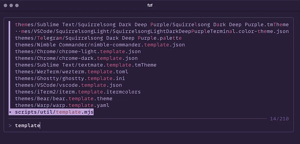 Squirrelsong dark deep purple theme for fzf