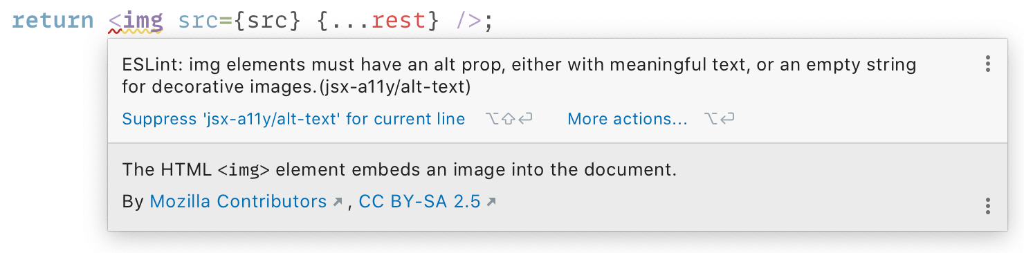 eslint-plugin-jsx-a11y reports a missing alt attribute on an image