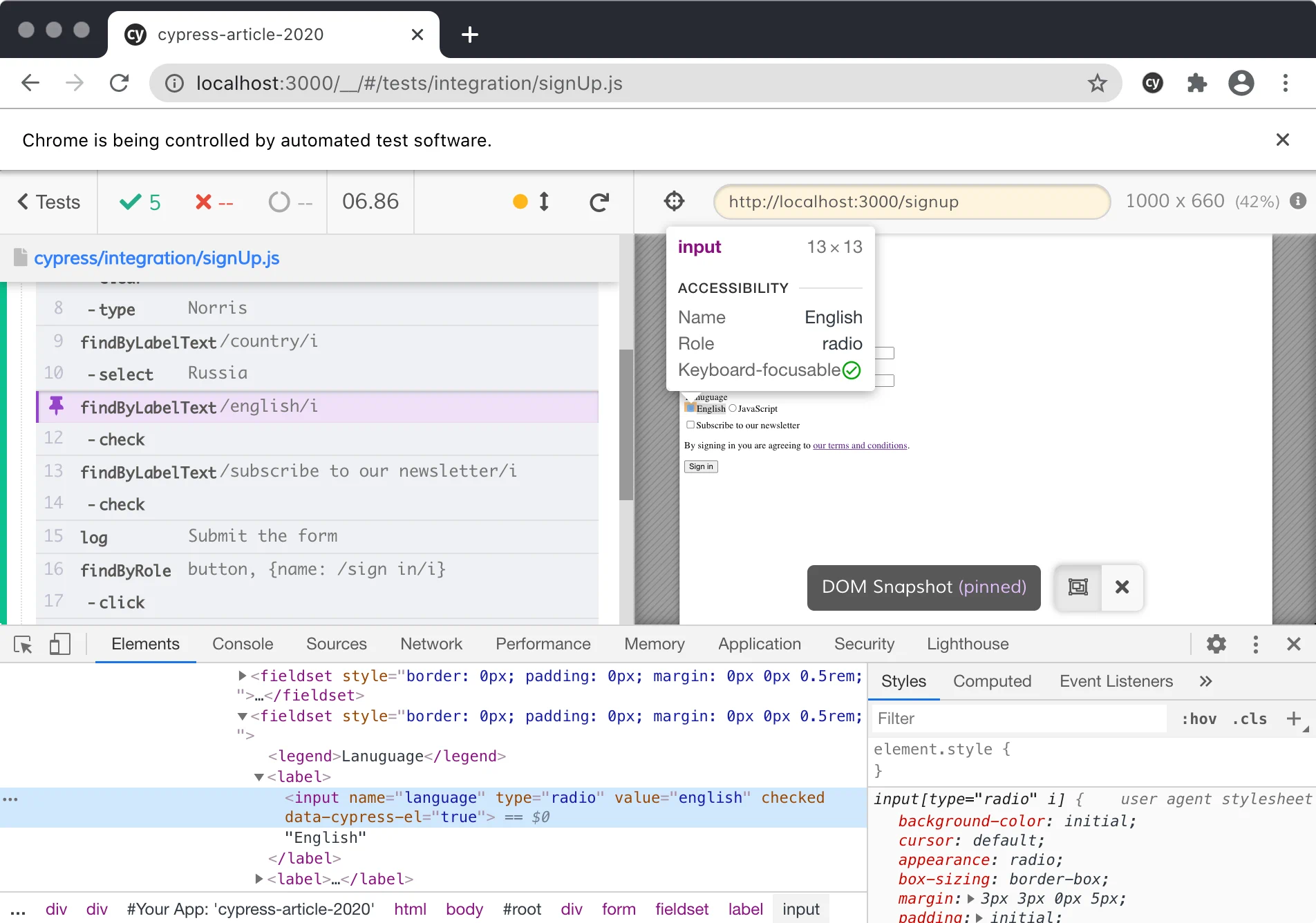 Using Chrome developer tools in Cypress