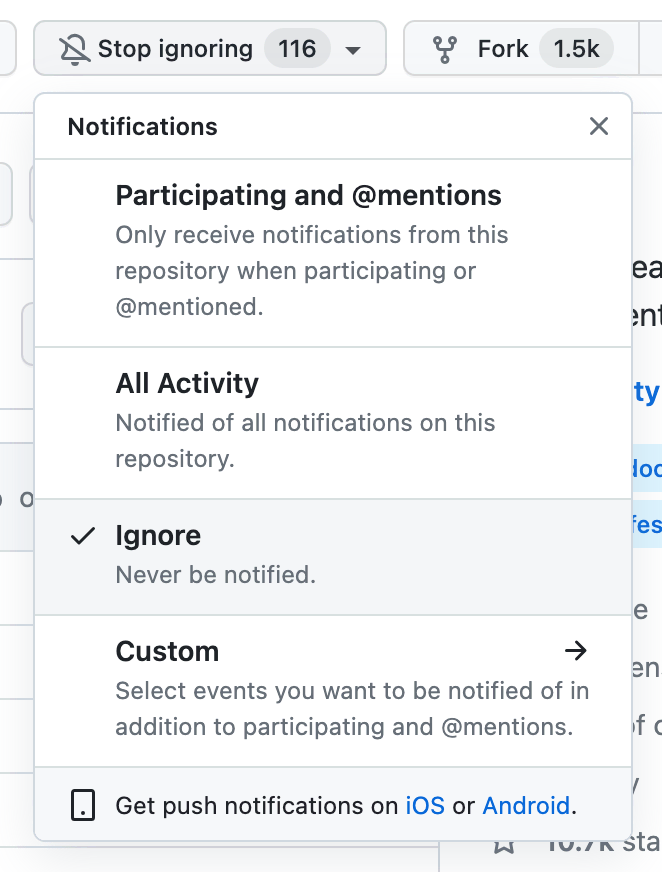 Ignoring repository notifications on GitHub