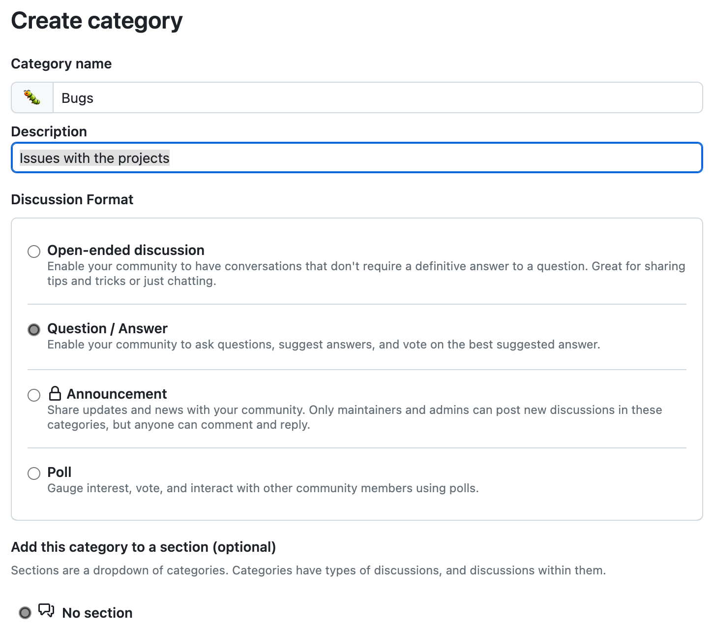 Creating a new Discussions category on GitHub