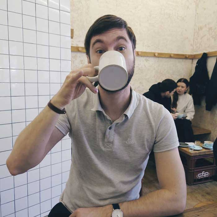 Artem Sapegin is drinking coffee